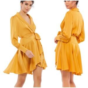 Mac Duggal NWT Marigold Yellow Bishop Long Sleeve Satin Short Wrap Dress Size 4